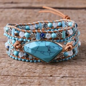 Turquoise and Brown Leather Wrap Bracelet
